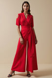 Red V-Neck Short Sleeves Work Jumpsuits with Sash