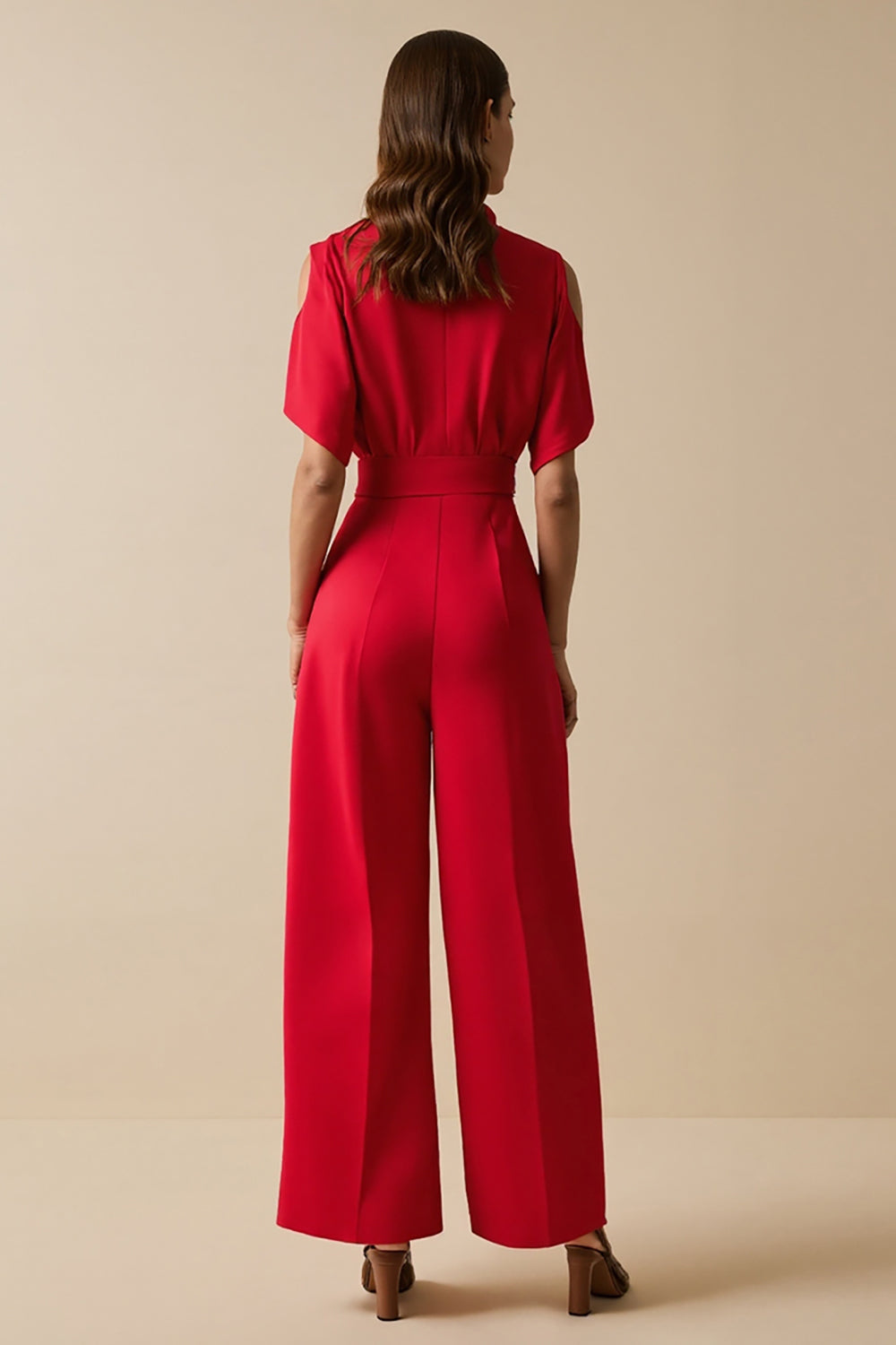 Red V-Neck Short Sleeves Work Jumpsuits with Sash