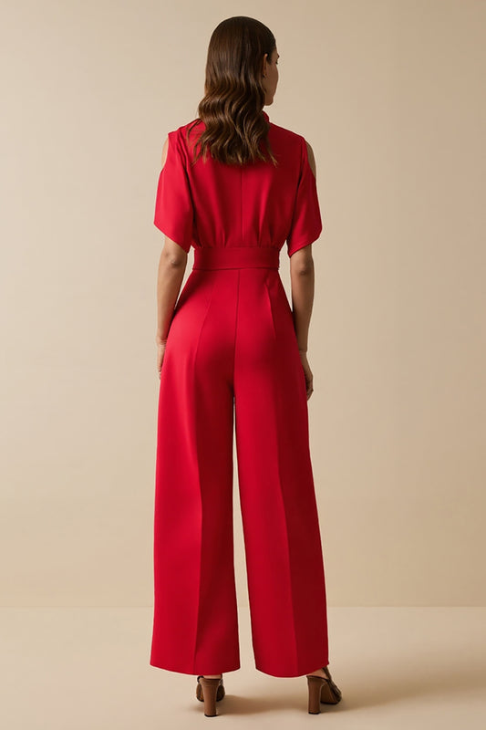 Red V-Neck Short Sleeves Work Jumpsuits with Sash