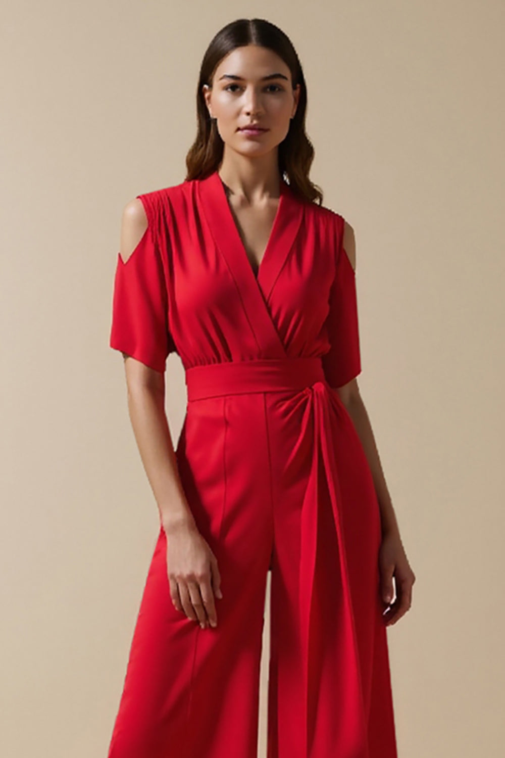 Red V-Neck Short Sleeves Work Jumpsuits with Sash