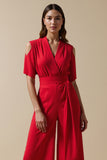 Red V-Neck Short Sleeves Work Jumpsuits with Sash