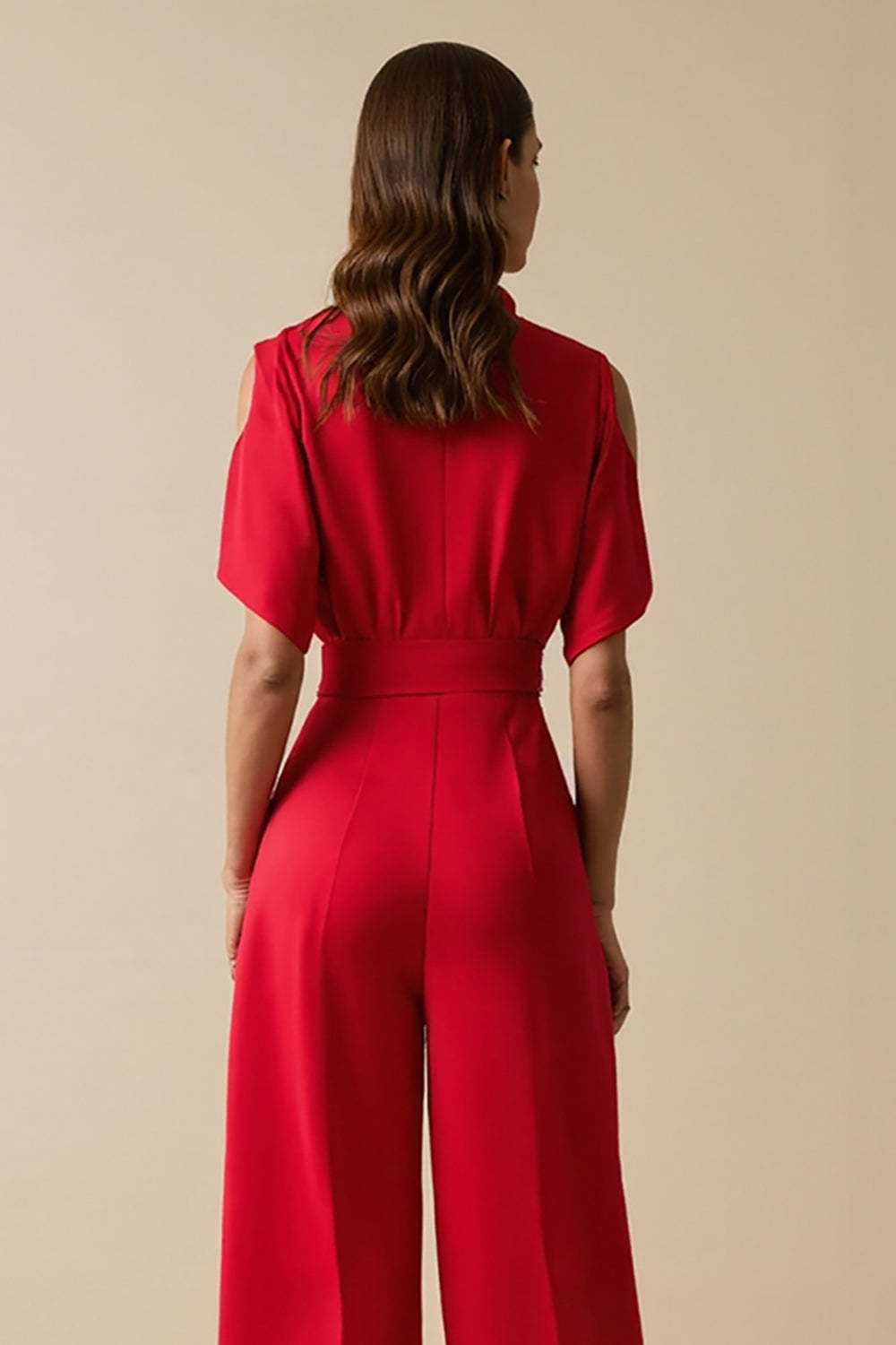 Red V-Neck Short Sleeves Work Jumpsuits with Sash