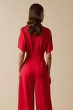 Red V-Neck Short Sleeves Work Jumpsuits with Sash