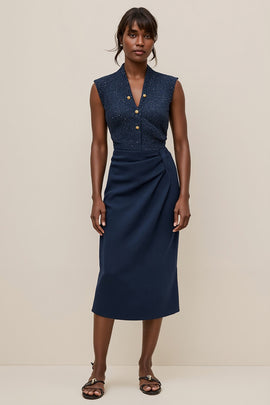 Navy V-Neck Satin Ruched Pencil Midi Work Dress