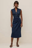 Navy V-Neck Satin Ruched Pencil Midi Work Dress