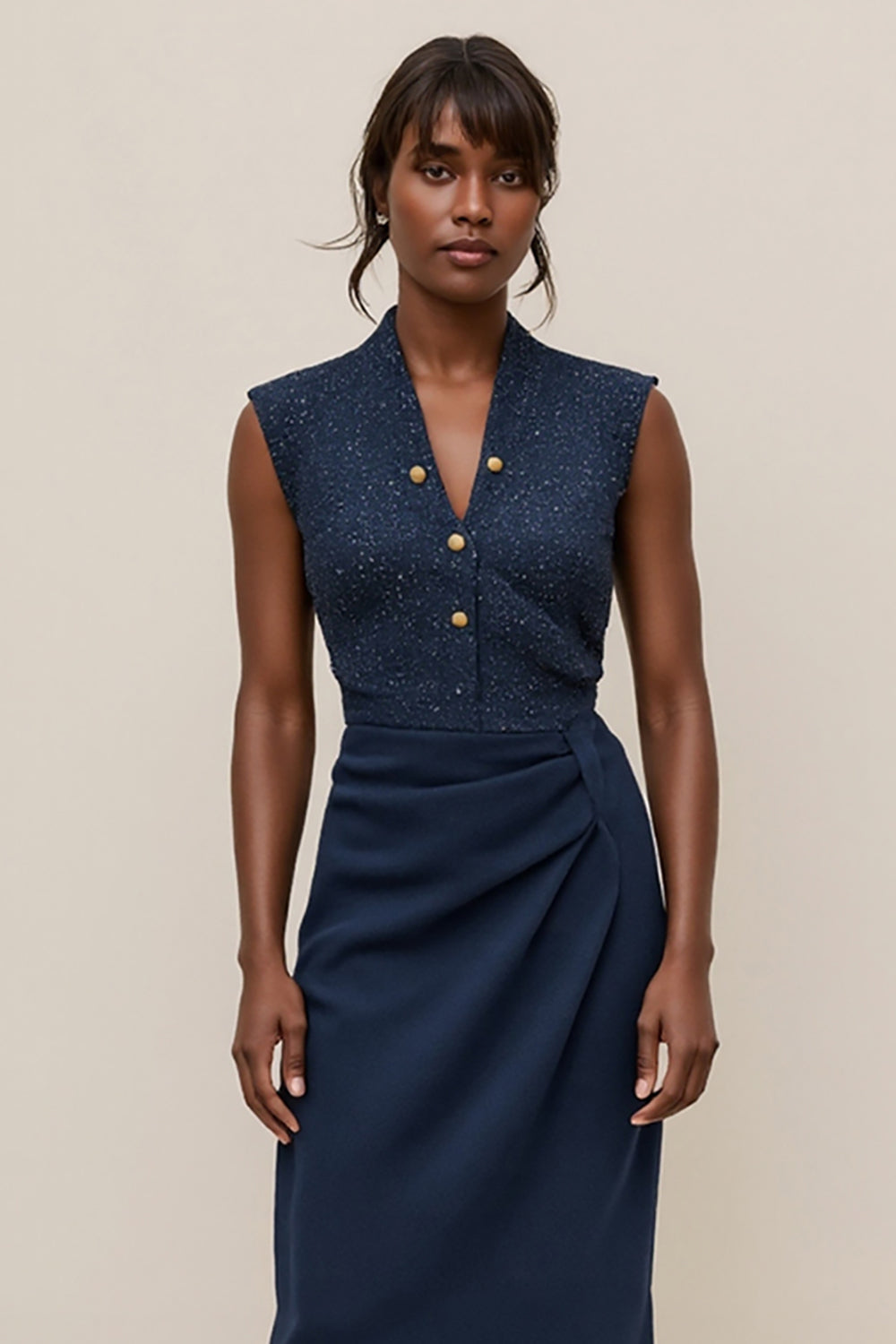 Navy V-Neck Satin Ruched Pencil Midi Work Dress