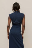 Navy V-Neck Satin Ruched Pencil Midi Work Dress