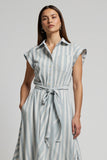 Light Blue Striped Cap Sleeves Midi Work Dress with Sash
