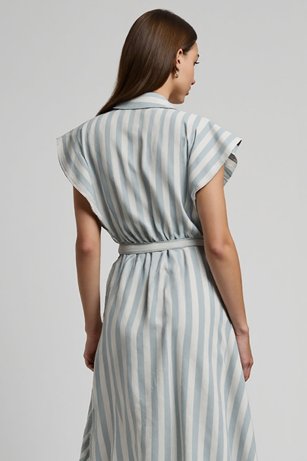 Light Blue Striped Cap Sleeves Midi Work Dress with Sash