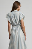 Light Blue Striped Cap Sleeves Midi Work Dress with Sash