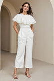 White Round Neck Work Jumpsuits with Lace
