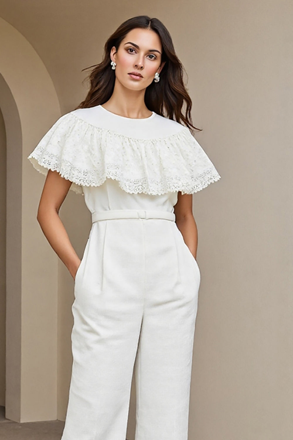 White Round Neck Work Jumpsuits with Lace