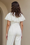 White Round Neck Work Jumpsuits with Lace
