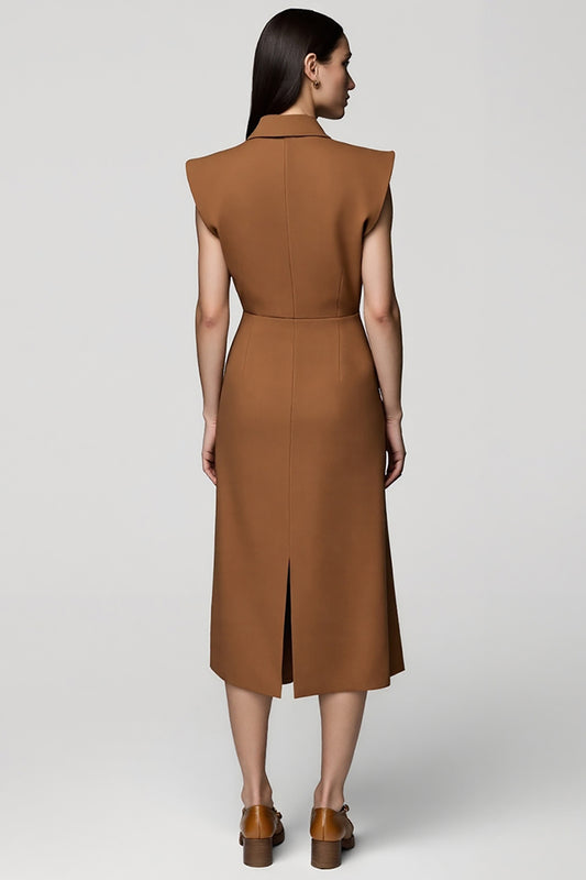 Brown Notched Lapel Double Breasted Midi Blazer Dress with Slit