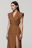 Brown Notched Lapel Double Breasted Midi Blazer Dress with Slit