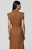 Brown Notched Lapel Double Breasted Midi Blazer Dress with Slit