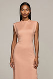 Blush Satin Round Neck Pencil Maxi Work Dress with Slit