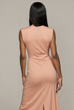 Blush Satin Round Neck Pencil Maxi Work Dress with Slit