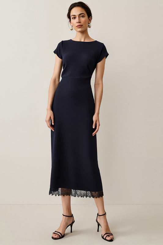 Navy Short Sleeves Pencil Satin Maxi Work Dress with Lace