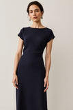 Navy Short Sleeves Pencil Satin Maxi Work Dress with Lace