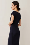 Navy Short Sleeves Pencil Satin Maxi Work Dress with Lace