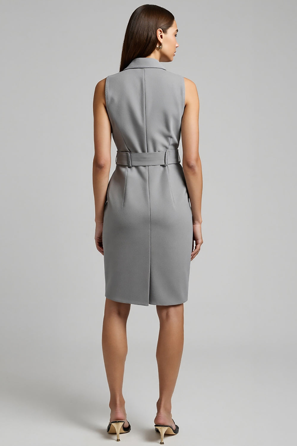 Grey Pencil Notched Lapel Short Blazer Dress with Belt