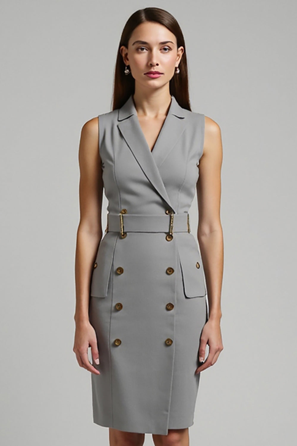 Grey Pencil Notched Lapel Short Blazer Dress with Belt