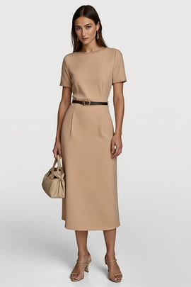 Camel Short Sleeves Pencil Midi Work Dress with Belt