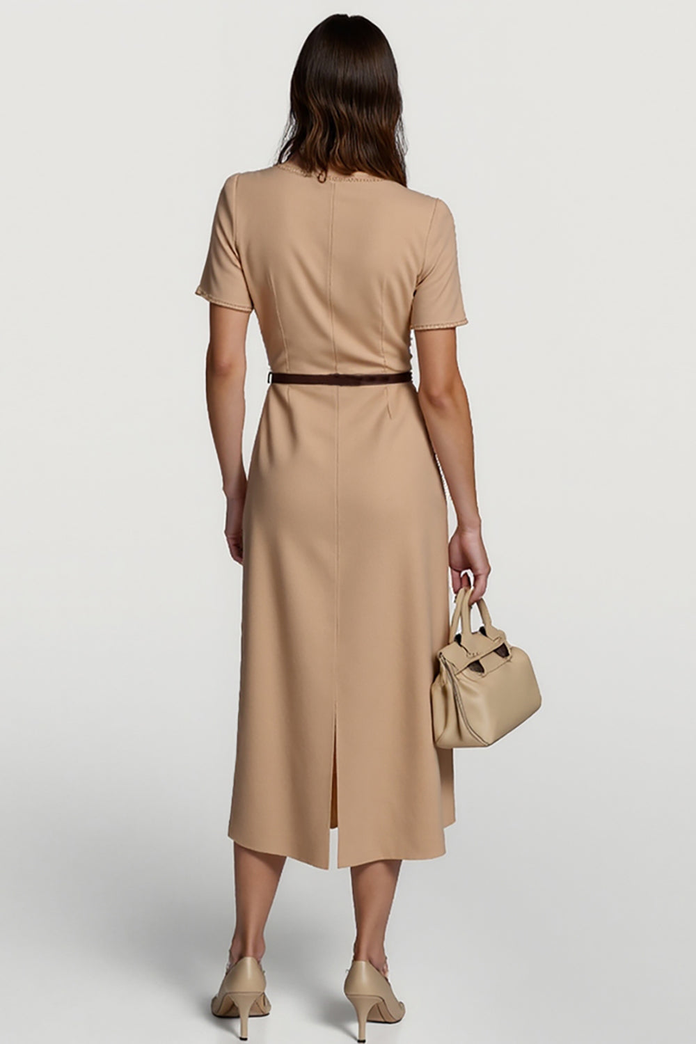 Camel Short Sleeves Pencil Midi Work Dress with Belt