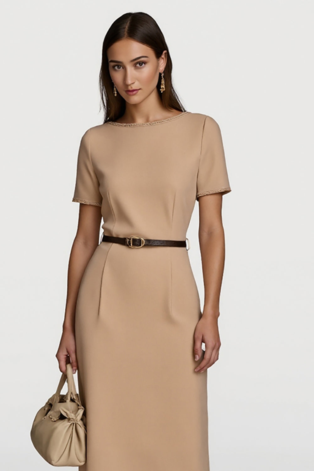 Camel Short Sleeves Pencil Midi Work Dress with Belt