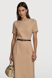 Camel Short Sleeves Pencil Midi Work Dress with Belt