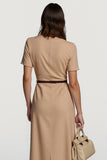 Camel Short Sleeves Pencil Midi Work Dress with Belt