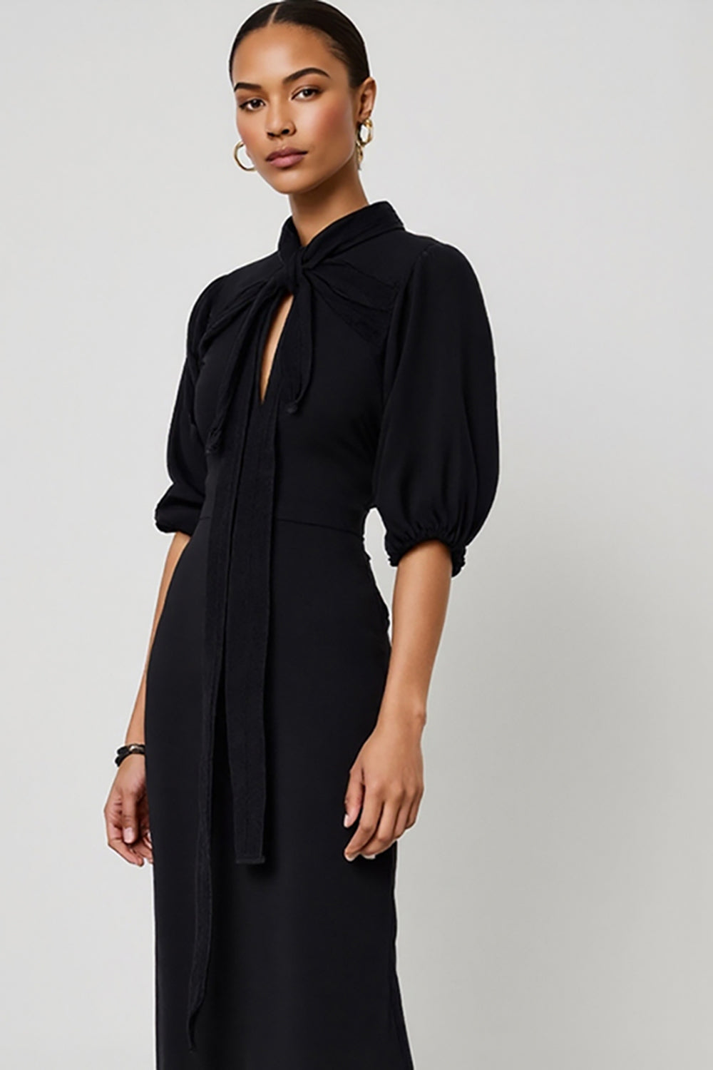 Black Half Sleeves Pencil Maxi Work Dress with Keyhole