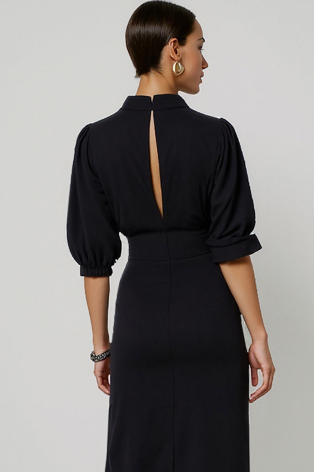 Black Half Sleeves Pencil Maxi Work Dress with Keyhole