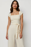 Apricot Square Neck Short Sleeves Work Jumpsuits with Sash