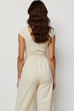 Apricot Square Neck Short Sleeves Work Jumpsuits with Sash