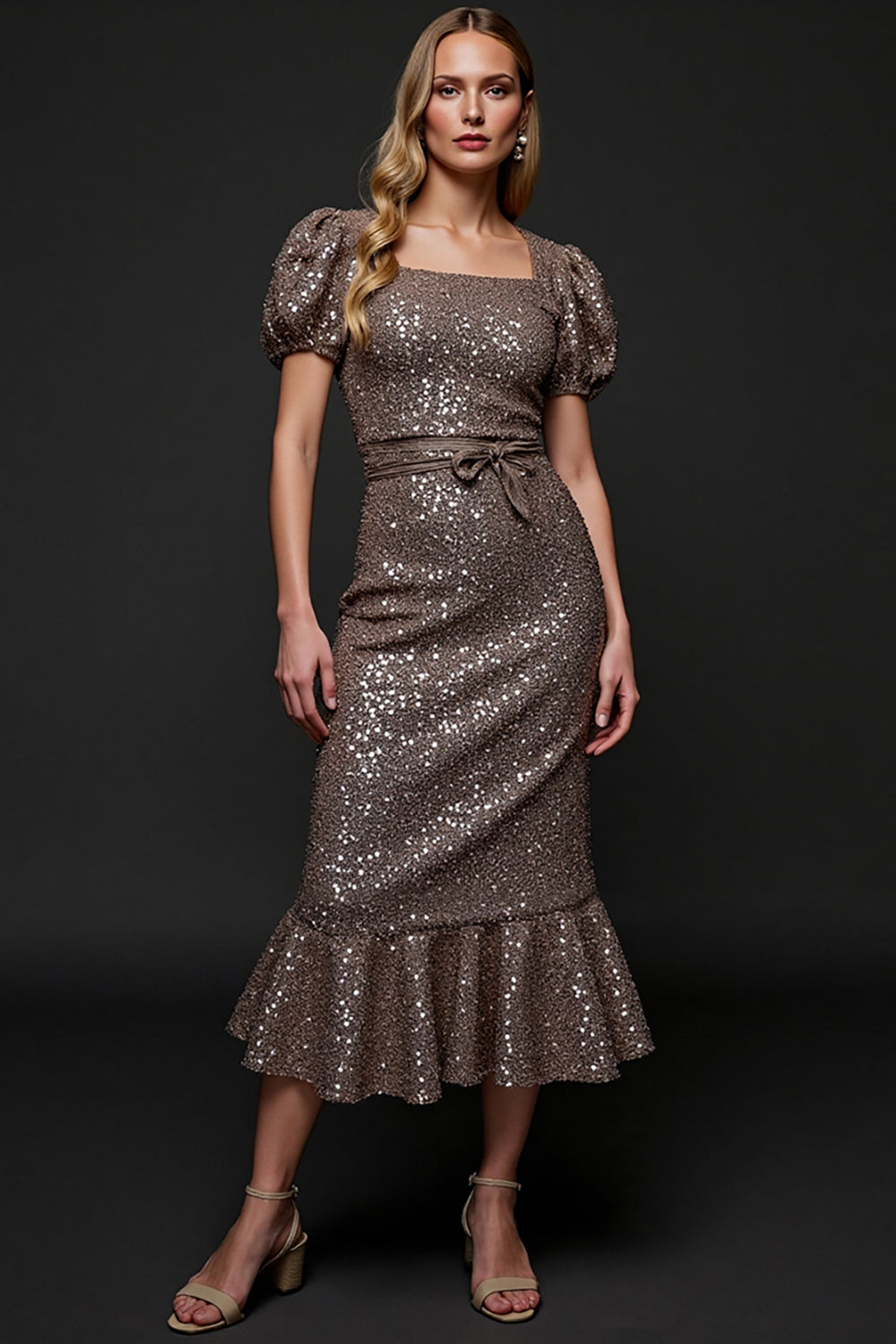 Sparkly Dark Grey Sequin Midi Holiday Party Dress with Sash