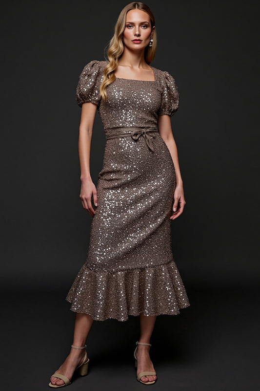 Sparkly Dark Grey Sequin Midi Holiday Party Dress with Sash