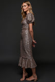 Sparkly Dark Grey Sequin Midi Holiday Party Dress with Sash