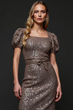 Sparkly Dark Grey Sequin Midi Holiday Party Dress with Sash
