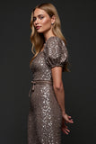 Sparkly Dark Grey Sequin Midi Holiday Party Dress with Sash