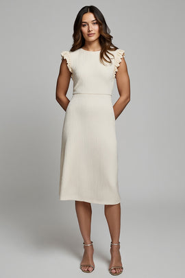 Ivory Pencil Round Neck Midi Work Dress with Ruffles