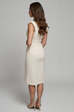 Ivory Pencil Round Neck Midi Work Dress with Ruffles