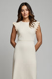 Ivory Pencil Round Neck Midi Work Dress with Ruffles