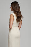 Ivory Pencil Round Neck Midi Work Dress with Ruffles