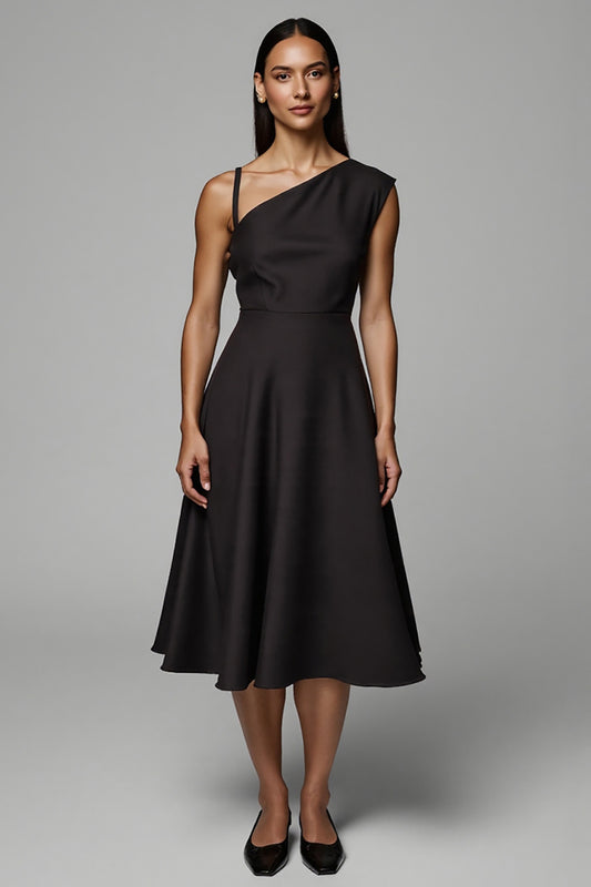 Black Satin A Line One Shoulder Midi Work Dress