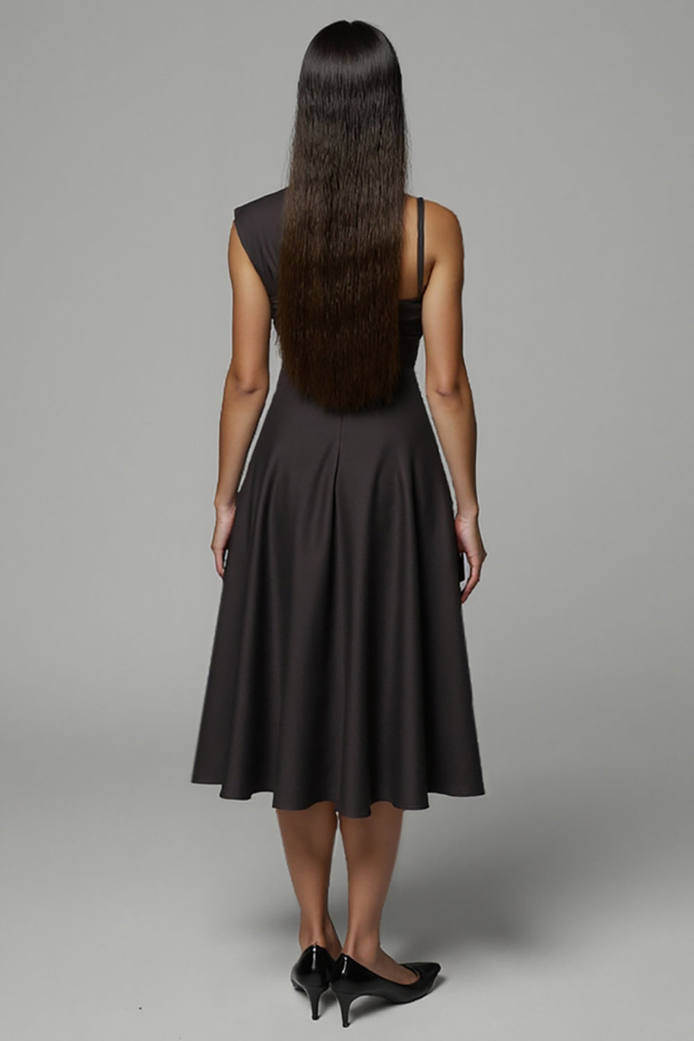 Black Satin A Line One Shoulder Midi Work Dress