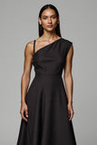 Black Satin A Line One Shoulder Midi Work Dress