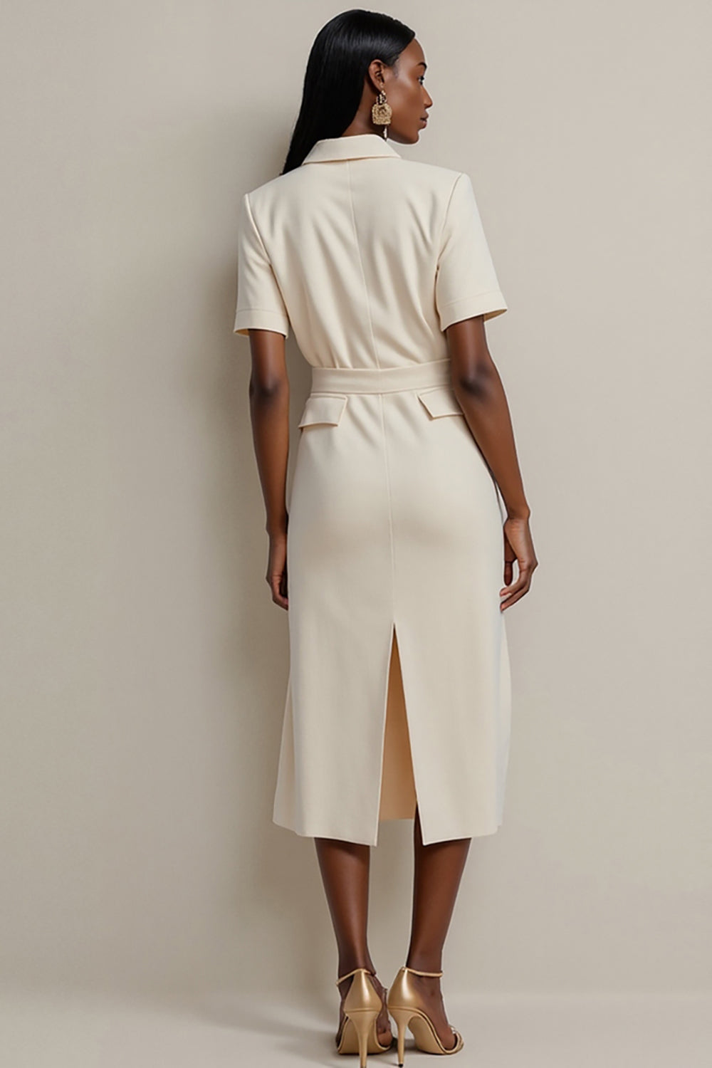 Ivory Notched Lapel Pencil Midi Blazer Dress with