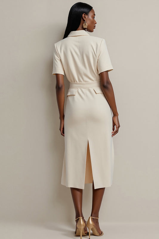 Ivory Notched Lapel Pencil Midi Blazer Dress with